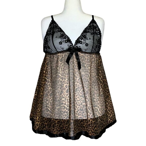 Y2K Sheer Leopard Print Babydoll Lingerie Slip Dress Sequins Bow Trashy2K Large - Picture 1 of 7